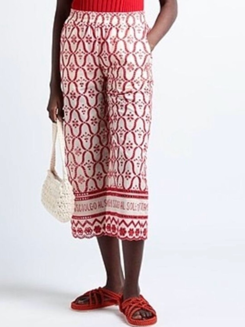 OTTOD'AME Embroidered Red White Crop Casual Palazzo Pants Italy Italian Sz 8 NWT